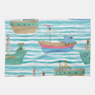 Linge De Cuisine Bateaux : Motif de peinture aquarelle.
