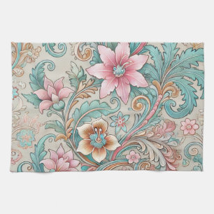 Linge De Cuisine Batik bleu rose indonésien Floral Boho Aquarelle