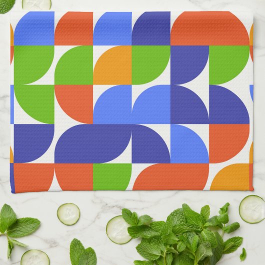 Linge De Cuisine Bauhaus Mid Century Motif Bleu, Orange, Vert (Plié)