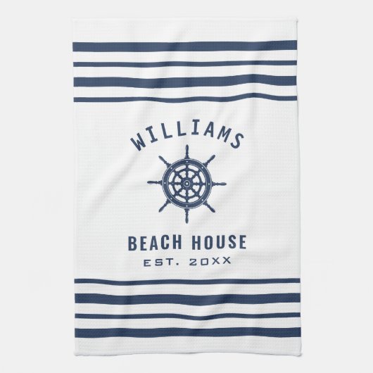 Linge De Cuisine Beach House Marine Bleu Blanc Nautique Nom de fami (Vertical)