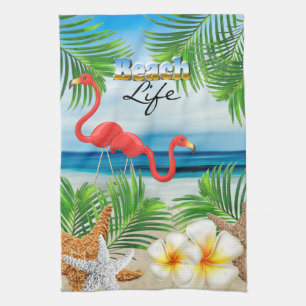 Linge De Cuisine Beach Life avec Flamants roses roses