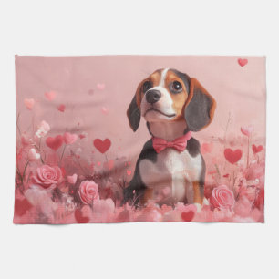 Linge De Cuisine Beagle avec Rose - Saint Valentin