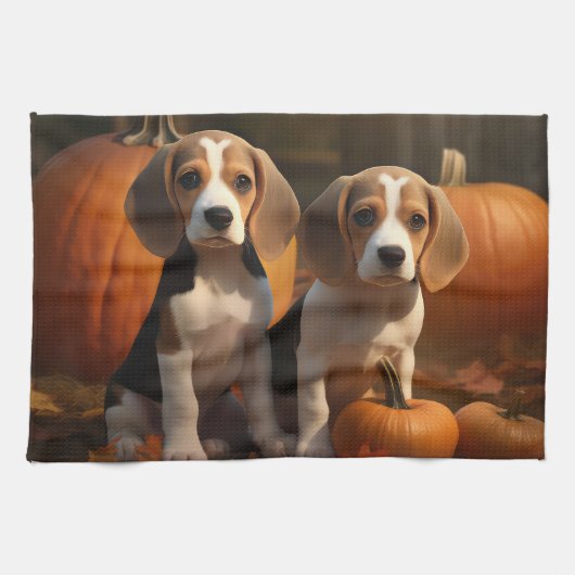 Linge De Cuisine Beagle Puppy Automne Citrouille de plaisir (Horizontal)