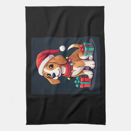 Linge De Cuisine Beagle Xmas Éclairage Père Noël Beagle Chien Noël (Vertical)