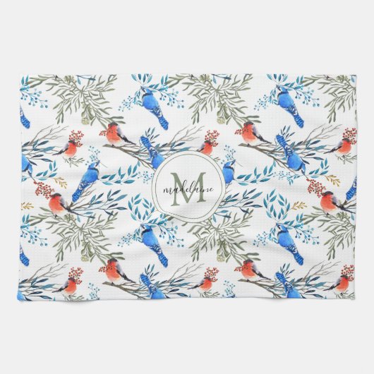 Linge De Cuisine Beau Aquarelle Oiseaux et Motif de Foliage (Horizontal)