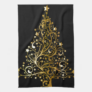 Linge De Cuisine Beau arbre de Noël en or métallique étoilé