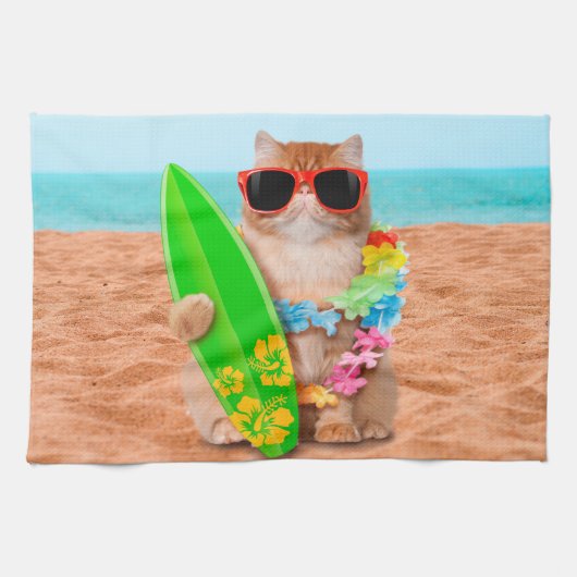 Linge De Cuisine Beau chat surfeur sur la plage (Horizontal)