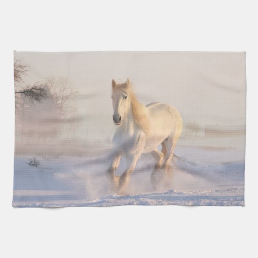 Linge De Cuisine Beau Cheval Blanc Galloping dans la neige (Horizontal)