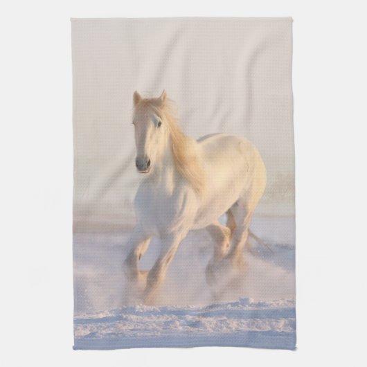 Linge De Cuisine Beau Cheval Blanc Galloping dans la neige (Vertical)