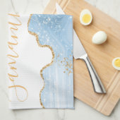 Linge De Cuisine Bébé Bleu et Faux Or Parties scintillant Marbre Ag (Quart Plié)