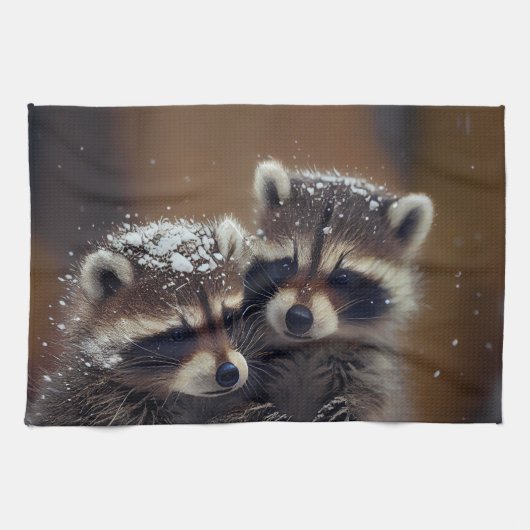 Linge De Cuisine Bébé Raccoons se blottit dans la neige tombante (Horizontal)