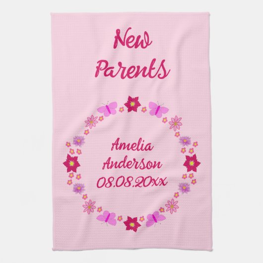 Linge De Cuisine Bébé rose Papillons et fleurs personnalisés (Vertical)