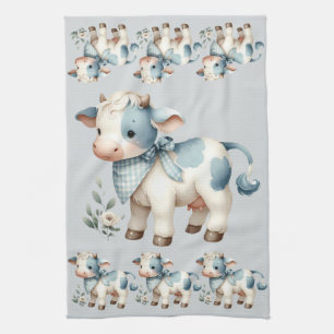 Linge De Cuisine Bébé Vache Gingham Bleu Pastel Esthétique Ferme