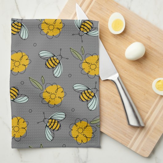 Linge De Cuisine Bees & Beurre sur Grey (Quart Plié)