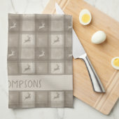 Linge De Cuisine Beige Deer Plaid With Custom Family Name Christmas (Quart Plié)