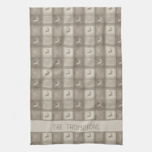 Linge De Cuisine Beige Deer Plaid With Custom Family Name Christmas (Vertical)