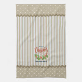 Linge De Cuisine Beige Stripes Holly Feuille Noël (Vertical)