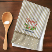 Linge De Cuisine Beige Stripes Holly Feuille Noël