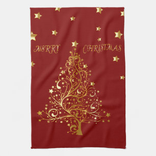 Linge De Cuisine Bel arbre de Noël métallique d'or sur rouge fonc