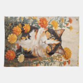 Linge De Cuisine Belle Chat Calico Avec Fleurs Marigold (Horizontal)