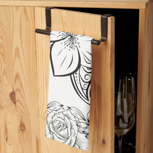 Linge De Cuisine Belle Fleur Monochrome, Oeuvre Graphique (Pliage en tiers)