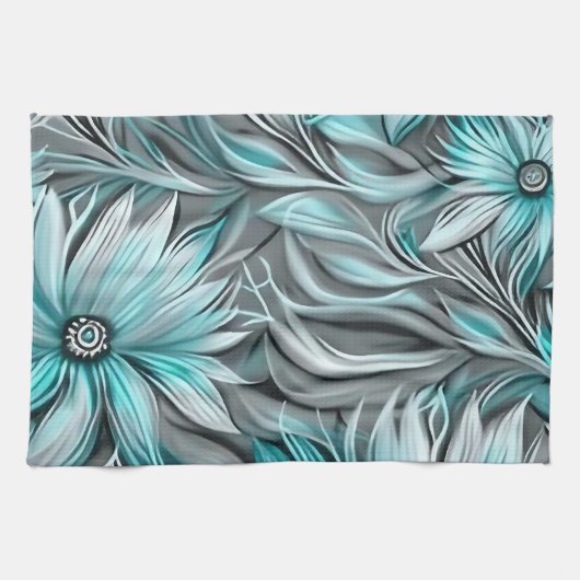 Linge De Cuisine Belle impression Florale Turquoise Bleue (Horizontal)