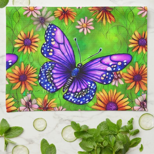 Linge De Cuisine Belle prairie à papillon pourpre (Plié)