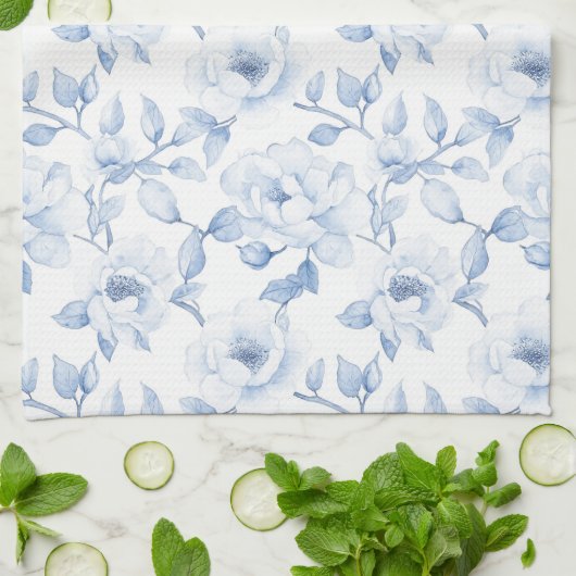Linge De Cuisine Belles Fleurs Bleues et Blanches Élégantes (Plié)