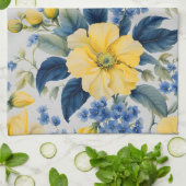 Linge De Cuisine Belles Fleurs Jaunes et Bleues (Plié)