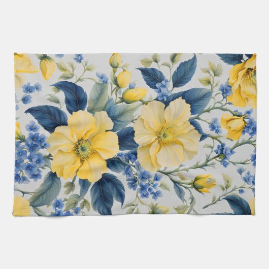 Linge De Cuisine Belles Fleurs Jaunes et Bleues (Horizontal)