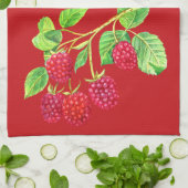 Linge De Cuisine Belles framboises rouges sur tiges Feuilles verts (Plié)