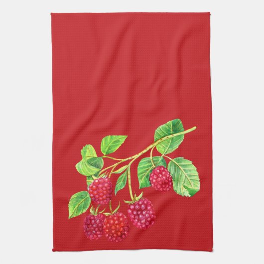 Linge De Cuisine Belles framboises rouges sur tiges Feuilles verts (Vertical)