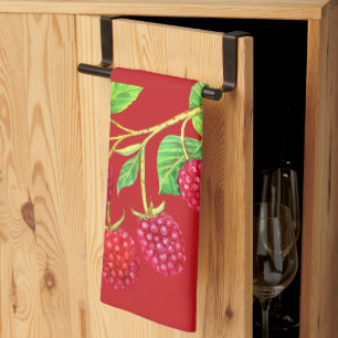 Linge De Cuisine Belles framboises rouges sur tiges Feuilles verts