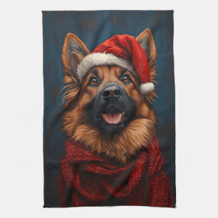 Linge De Cuisine Berger allemand dans un chapeau de Père Noël