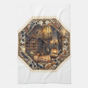 Linge De Cuisine Bibliothèque hantée timbre Halloween vintage Art