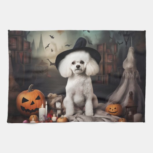 Linge De Cuisine Bichon Frise Citrouilles Halloween effrayant (Horizontal)