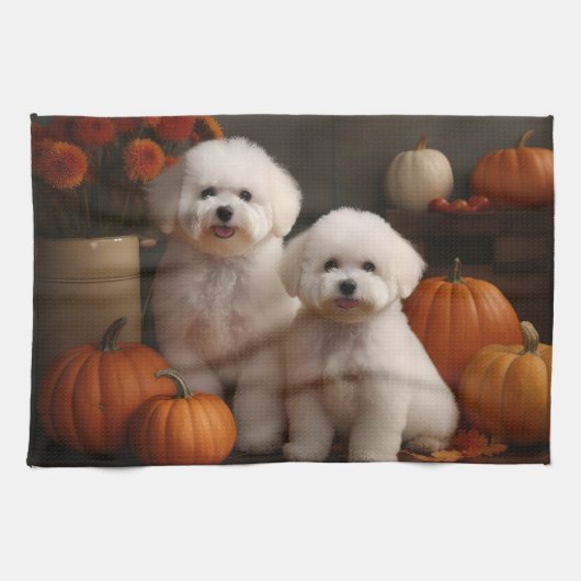 Linge De Cuisine Bichon Frise Puppy Automne Citrouille délice (Horizontal)