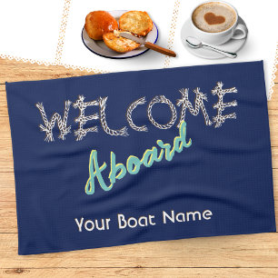 Linge De Cuisine Bienvenue à bord Nom du bateau Bleu marine