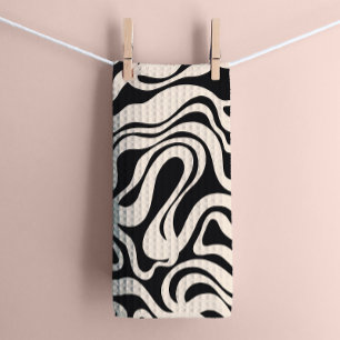 Linge De Cuisine Black and Cream 1970s Retro Modern Swirl