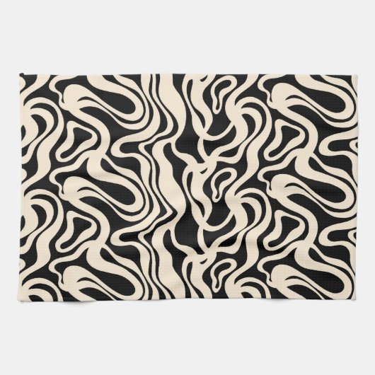Linge De Cuisine Black and Cream 1970s Retro Modern Swirl (Horizontal)