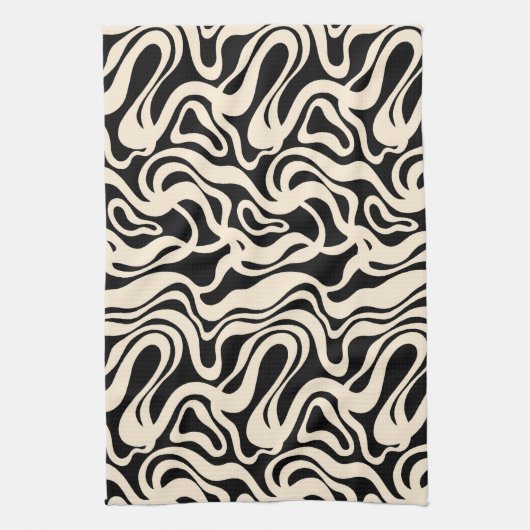 Linge De Cuisine Black and Cream 1970s Retro Modern Swirl (Vertical)