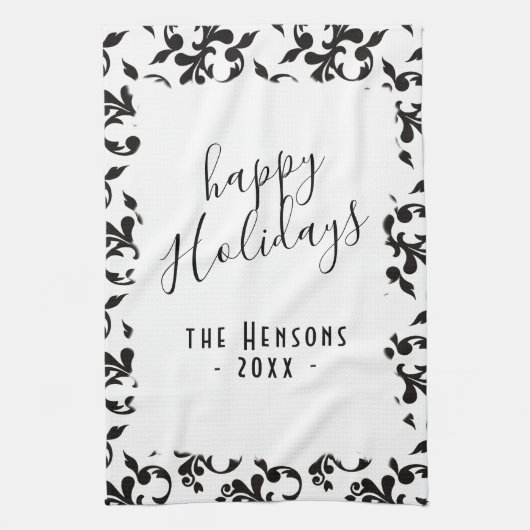 Linge De Cuisine Black and White Rococo Happy Holidays Script (Vertical)