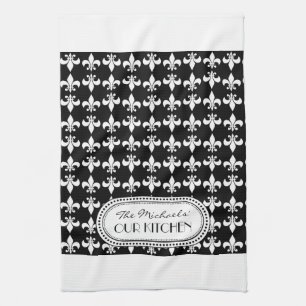 Linge De Cuisine Black Blanc Fleur de Lis Monogram Motif