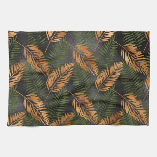 Linge De Cuisine Black Copper Brown Palm Tree Leaf Glam Tropical (Horizontal)