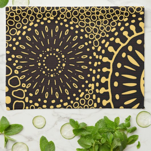 Linge De Cuisine Black Gold Ethnic Floral Pattern Kitchen Towel (Plié)