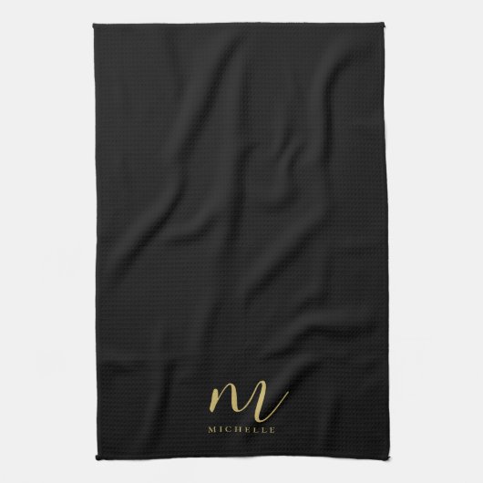 Linge De Cuisine Black & Gold Text Name Sleek Script Monogram (Vertical)