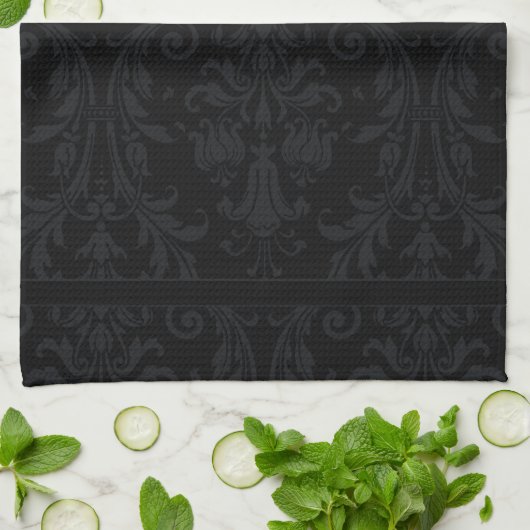 Linge De Cuisine Black On Black Monogramme Chic Floral Damask Swirt (Plié)