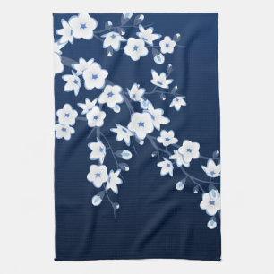 Linge De Cuisine Blanc bleu de fleurs de cerisier florales