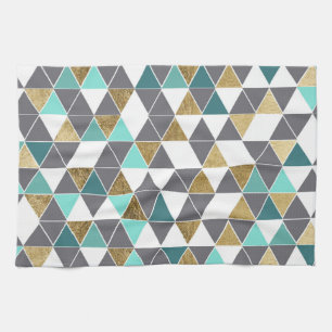 Linge De Cuisine Blanc gris moderne Teal et triangles d'or de Faux