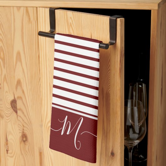 Linge De Cuisine Blanc nautique rayé Monogramme initial Cuisine (Pliage en tiers)